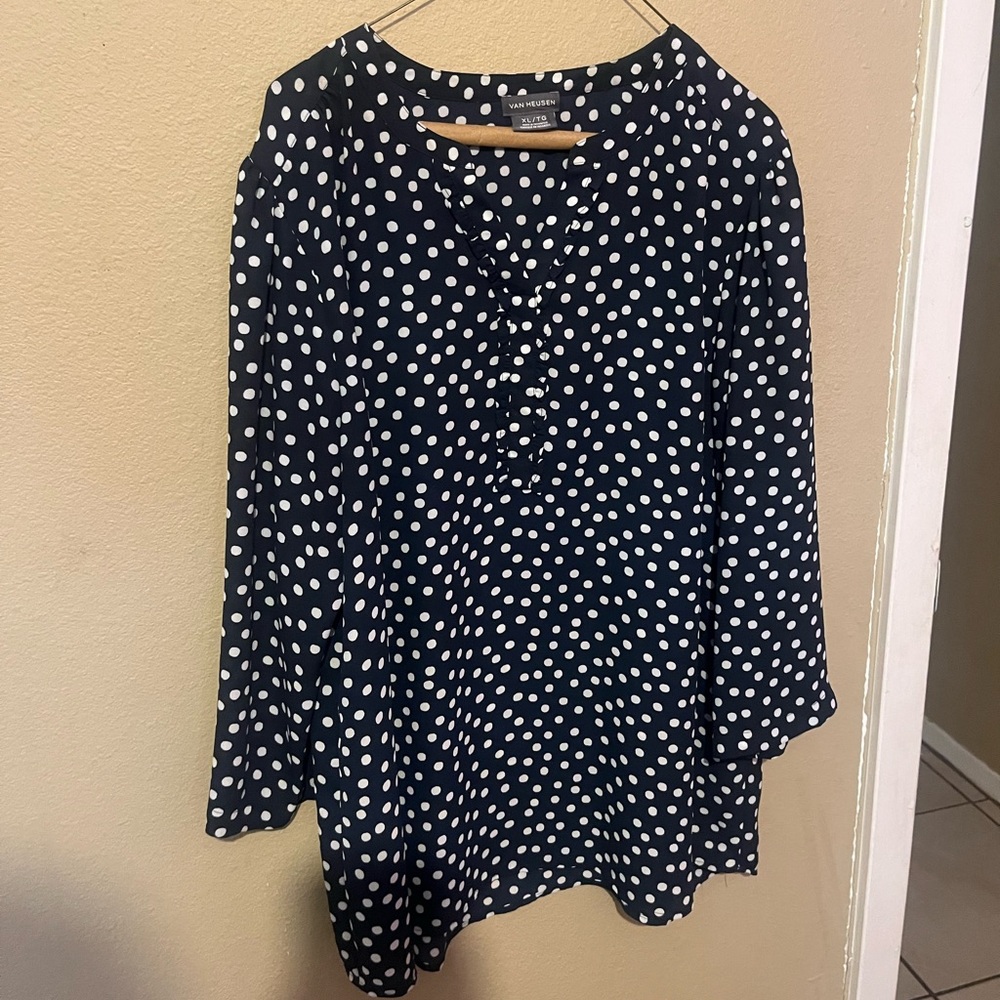Van Heusen Navy and White Polka Dot Blouse - Long Sleeve